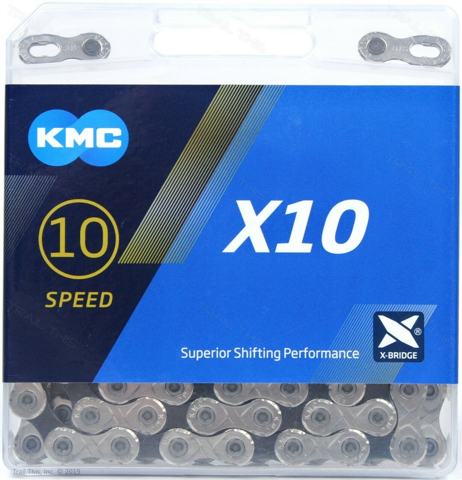 A detailed image of the KMC X10 10-speed bicycle chain, showcasing its durable construction and 116 links.