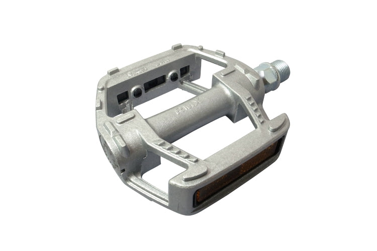 MKS RMX Pedal in Cosmic Silver: Unique square-shaped platform bike pedal with integrated reflectors for urban riding.