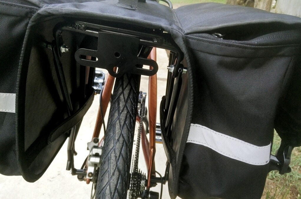 Trek N Ride City pannier bag attached to a bike rack, ready for urban commuting.