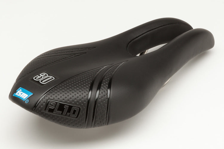 ISM PL 1.0 black bike saddle, designed to eliminate pressure, numbness, and soft tissue discomfort. Ideal for a healthier, more enjoyable ride on high-performance bicycles.

